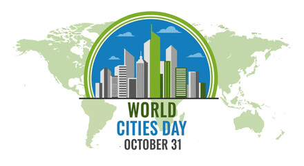 World Cities Day illustration with skyline and world map, October 31.