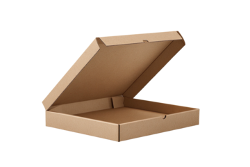 Isolated, empty, open cardboard container for food. Angled view, plain backdrop. Brown packaging