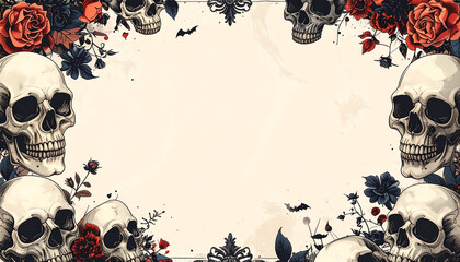 Vintage skull frame with red rose and dark floral accents, elegant Halloween mood, high fashion magazine style, ornate border and bats