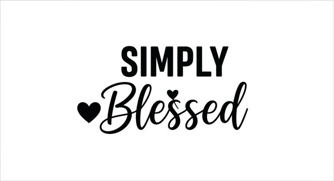 Simply Blessed text with heart design in black on white background.