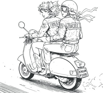Vector illustration of a person riding pillion on a Vespa motorbike 