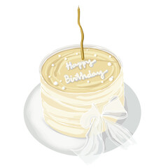 Elegant minimalist vector birthday cake with creamy vanilla layers, golden candle, and white ribbon. Perfect for greeting cards, bakery branding, celebration designs, and festive illustrations.