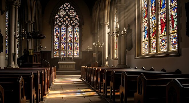 Sunlit Interior of a Historic Church with Stained Glass Windows