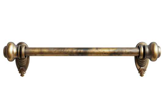 Antique brass towel bar with ornate details against a for bathroom decor ideas on transparent background