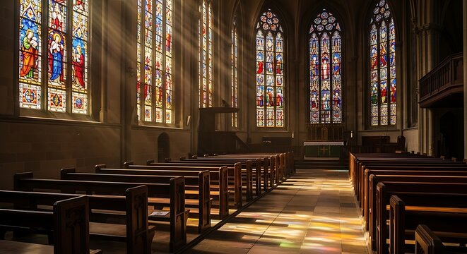 Sunlit Church Interior with Stained Glass Windows