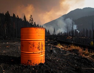 An orange barrel stands starkly against a backdrop of a scorched landscape, wildfires ravaging forests. Smoke billows above the dark earth, mountains
