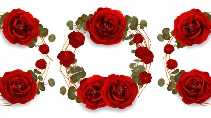 Fototapeta premium Red roses and eucalyptus leaves form a floral garland on white.