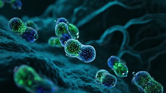 3D render depicts a collection of glowing bacteria cells with detailed vibrant internal structures