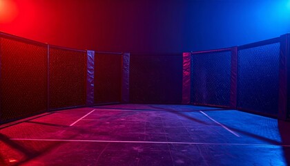 Empty MMA Octagon Cage with Dynamic Red and Blue Neon Lighting.
