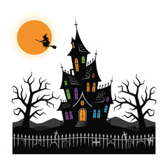 Spooky haunted mansion with witch flying over moon vector