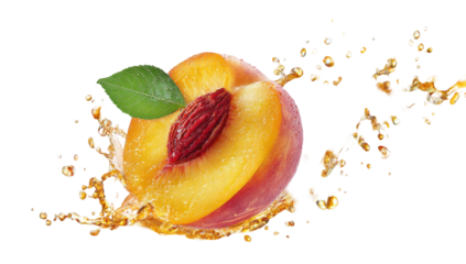 A juicy peach cut open with visible seed and a splash of golden-hued liquid, isolated