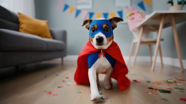 A dog dressed as a superhero at a birthday party