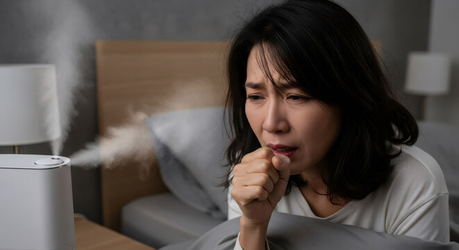 Asian woman coughing next to a humidifier in bed. Illness and cold concept. Medical treatment at home. - Powered by Adobe