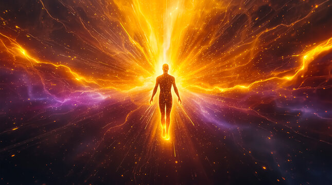 Silhouette of a human figure surrounded by bright golden energy, cosmic light rays. Symbolizing enlightenment, transformation, spiritual awakening. For sci-fi, spirituality, futuristic art, metaphysic