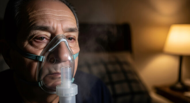 Elderly man using an inhaler mask for respiratory treatment. Medical device for illness, cold, and flu relief.
