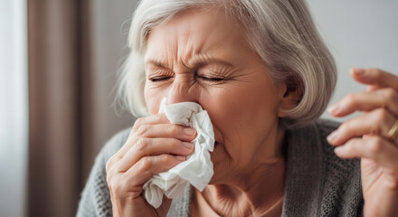 Senior woman with flu blowing nose into tissue. Older female suffering from cold or allergy. Illness, health, and medical concept.