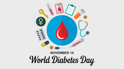 World diabetes day awareness campaign with blood drop health symbols and medical items