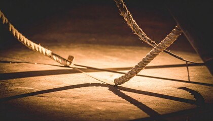 Rope on wooden floor with shadows.