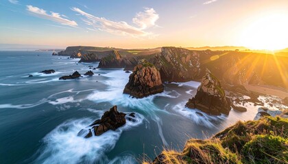 Dramatic Coastal Sunset Over Jagged Rock Formations With Crashing Waves And Golden Sunlight Breaking Through Clouds Above The Ocean