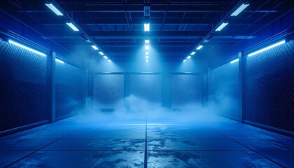 Futuristic Blue Neon Lit Industrial Warehouse with Smoke.