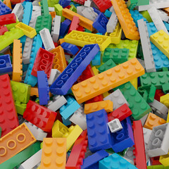 Fototapeta premium Constructor set (Lego like) pile isolated transparent background 3d rendering PNG