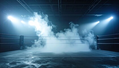 Empty Boxing Ring with Dramatic Smoke and Bright Spotlights.