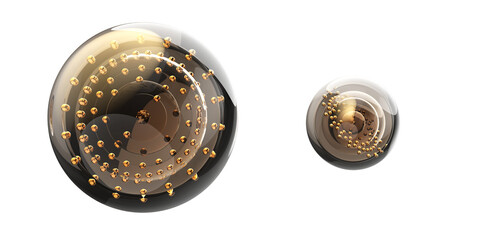 Atom of gold (Au). 3D model showing atomic nucleus with protons, neutrons, and 79 electrons orbiting in concentric shells. Scientific visualization of metallic element, chemistry and physics research