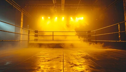 Empty Boxing Ring Under Bright Lights.