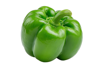 A vibrant, glossy green bell pepper, isolated on a black background. The pepper shows detailed textures