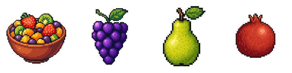 Traditional pixel art of foods including bowl of fruit, grape, pear, and pomegranate perfect for thanksgiving festival celebration