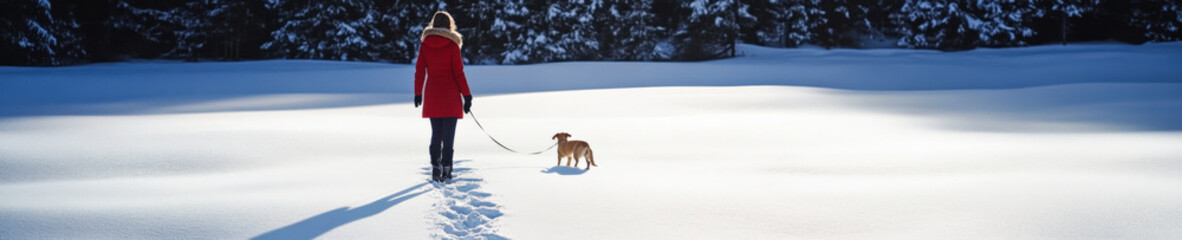 Woman walking her dog on snowy field in bright winter sunlight