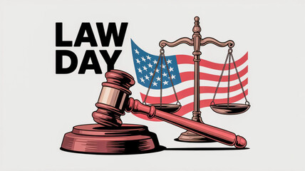 Celebrate law day with justice scales gavel and american flag graphic