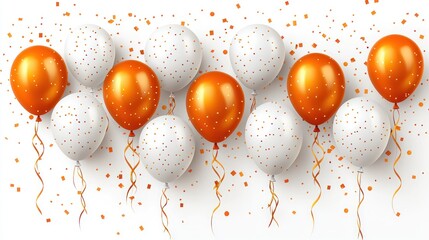 Festive orange and white balloons, confetti, celebration, party background, ideal for invitations