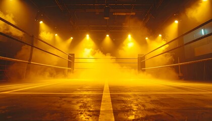 Empty Boxing Ring with Dramatic Yellow Spotlights and Smoke.