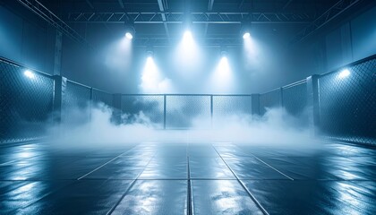 Atmospheric MMA Octagon with Blue Haze and Dramatic Lighting.
