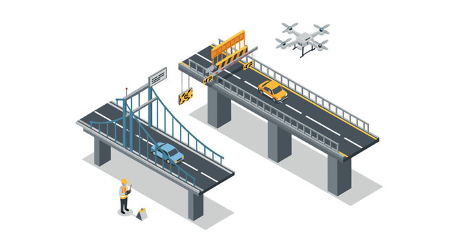 Isometric construction of modern bridges with cars and drones