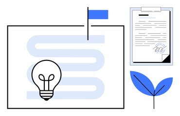 Goal path with flag, light bulb for ideas, signed contract for agreement, and leaf symbolizing sustainability. Ideal for innovation, goal setting, planning, environmental initiatives, business