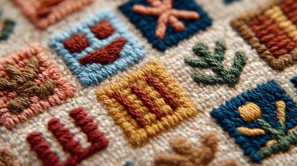 Close-up of Embroidered Squares with Geometric and Floral Designs