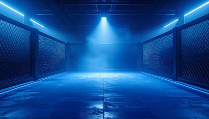 Blue Neon MMA Cage Arena with Dramatic Spotlight.