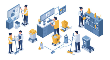 Isometric office cleaning team: diverse workers maintaining workplace hygiene&hellip;
