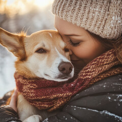 Tender moment between woman and dog in winter sunlight