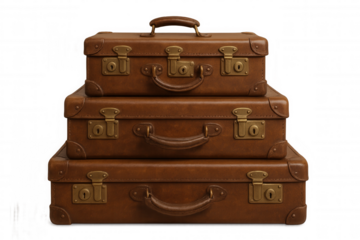 Vintage leather suitcases stacked, representing travel, tourism, and classic luggage style on transparent background