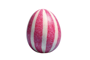 A colorful egg, digitally rendered, with red and white vertical stripes, against a black backdrop