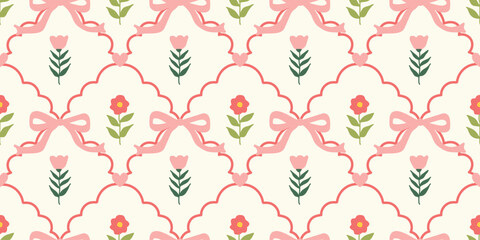 Coquette Floral trellis seamless pattern with bows and ribbons. Preppy spring summer hand drawn flowers. Botanical elegant trendy print. Vintage design for fabric, wallpaper, decor, background, paper
