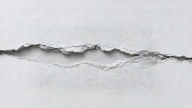 A white plaster wall with a long horizontal crack, exposing the rough inner plaster layer.