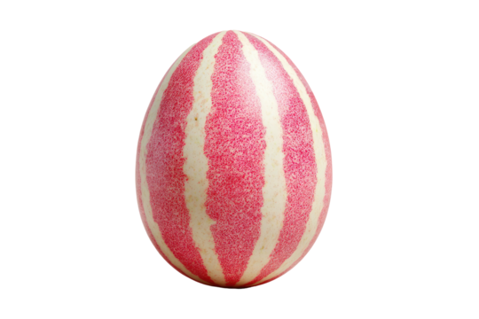 An isolated egg-shaped object featuring vertical stripes of red and pale beige against black - Powered by Adobe