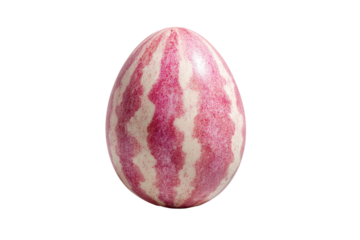 Isolated, egg-shaped object with vibrant pink and white striped pattern against a solid black background