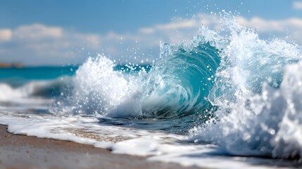 Blue sea waves splashing on the shore with sunlight reflections and sea spray in motion