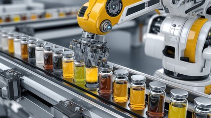 Precision Robotics in Modern Factory for Automated Manufacturing of Bottled Liquids with High-Tech Equipment