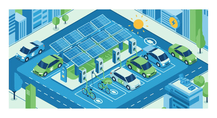 Isometric illustration showcasing a smart city parking lot with electric cars at a charging station powered by solar panels, representing sustainable green energy and future transportation